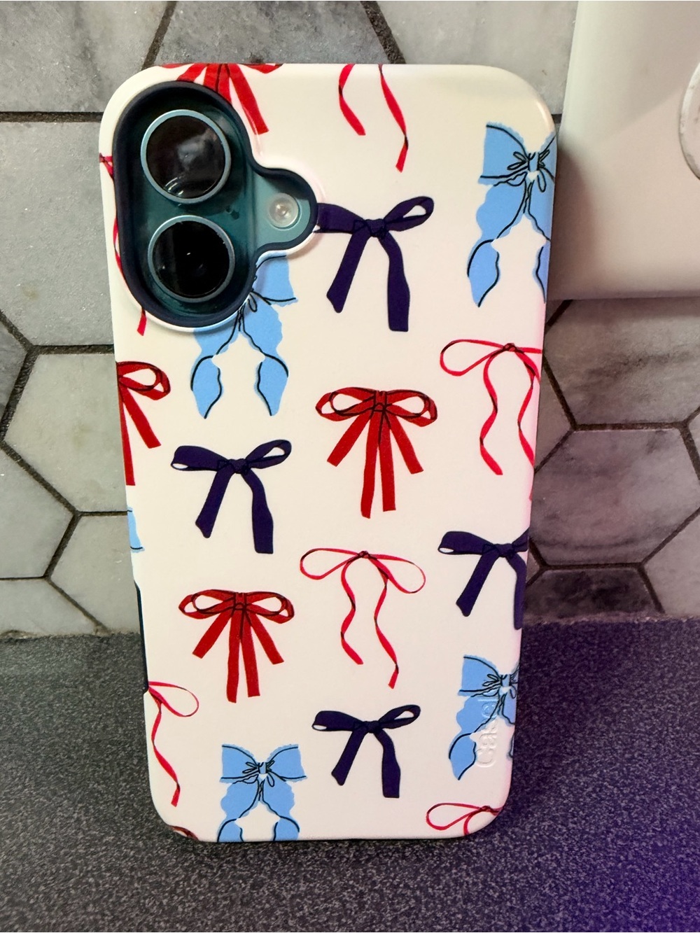 Bow Print Protective Phone Case - White with Red, Blue & Navy Bows